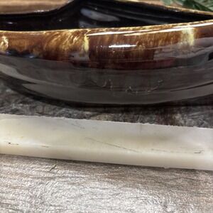 Vintage 11" Redware Planter MCM Abstract Swirl Brown Drip Glaze Succulent Pot